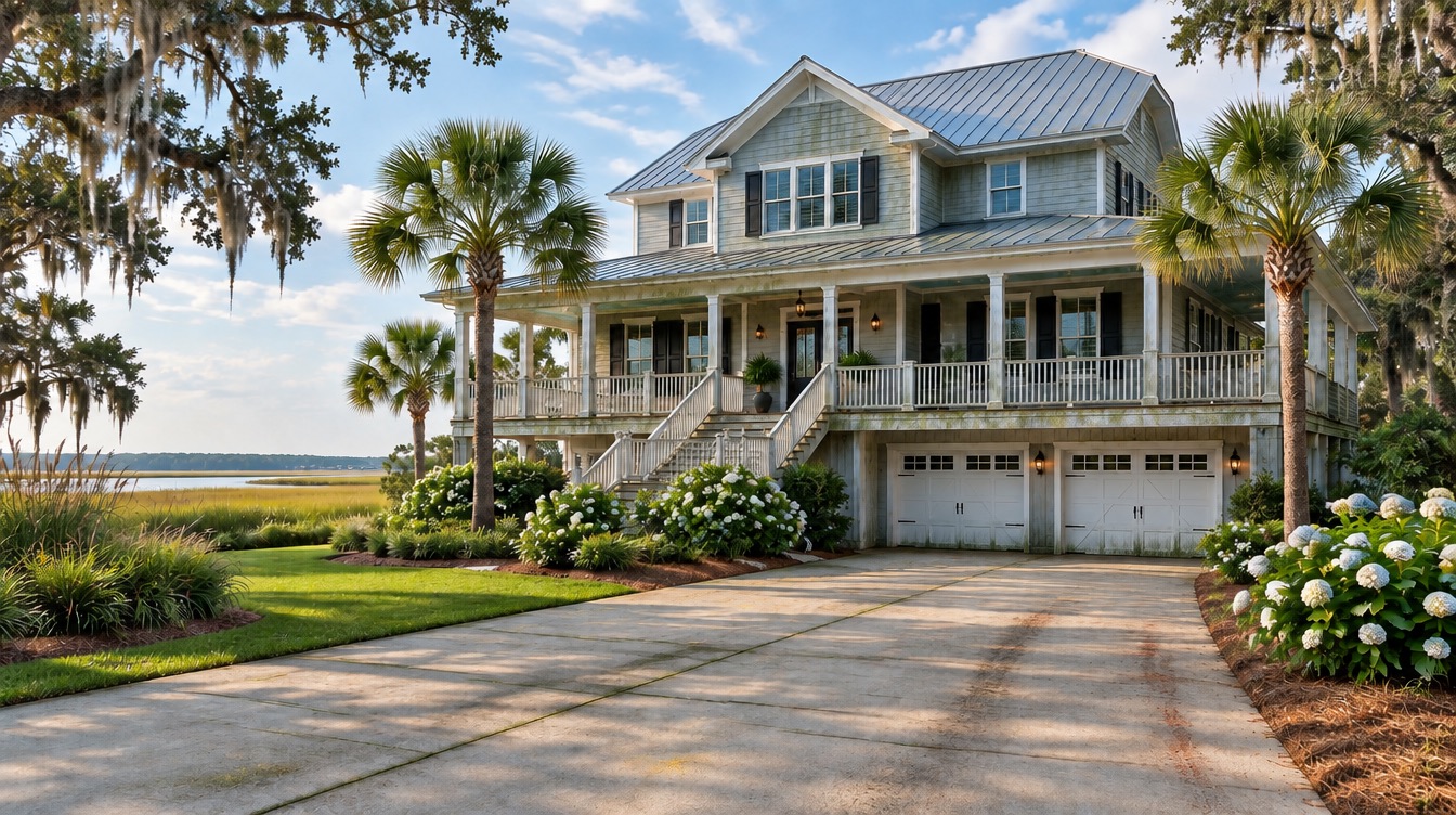 Illustration: coastal home and driveway with mildew and algae before washing