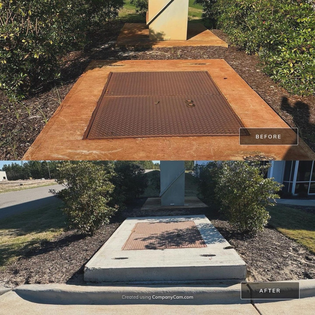 Rust-stained concrete pad before, and clean grey concrete after pressure washing