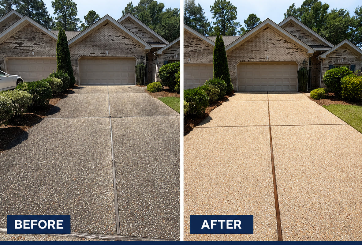Concrete driveway before and after pressure washing, stained grey beside clean concrete