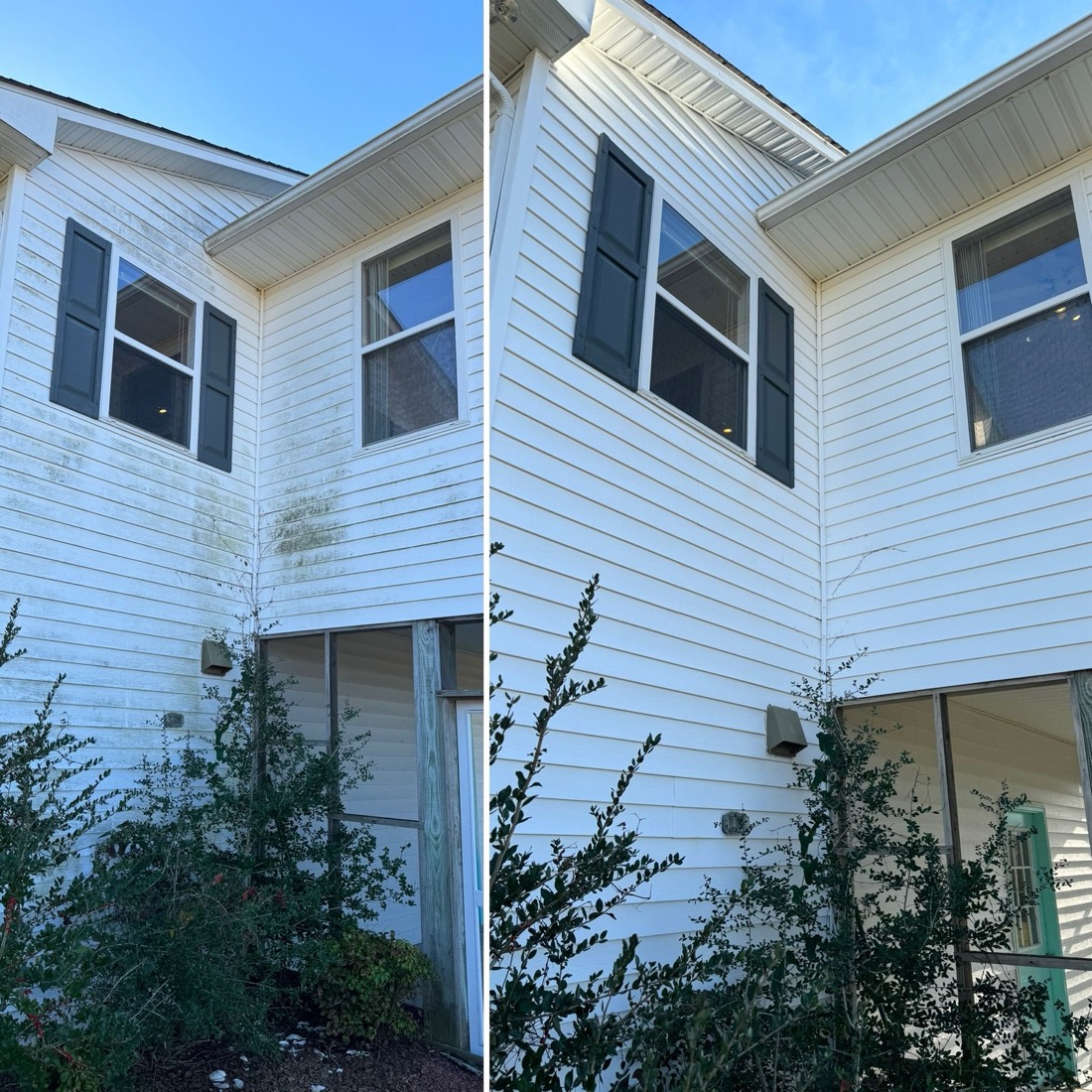 Two-story vinyl siding with green algae before, and clean white after a soft wash, Wilmington NC